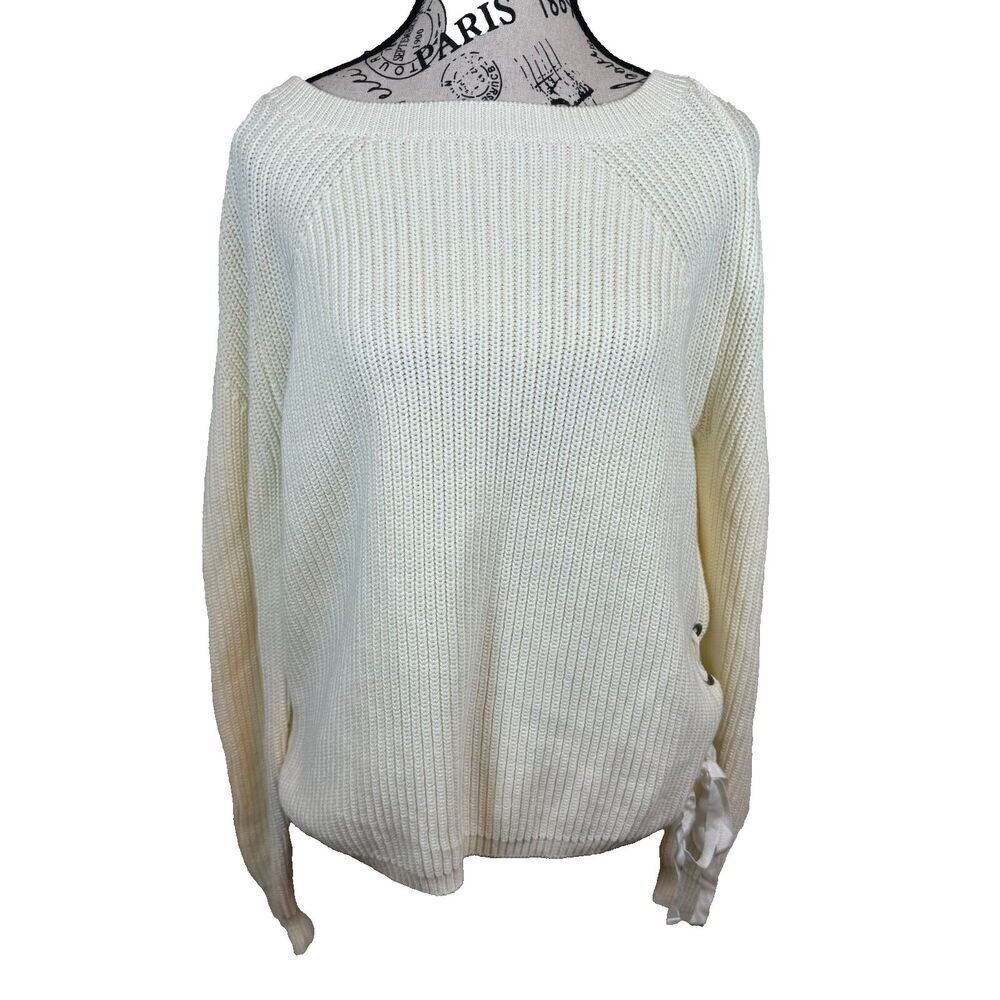 Sundance White Cable Knit Cotton Side Lace Detail Crew Neck Sweater Size Large